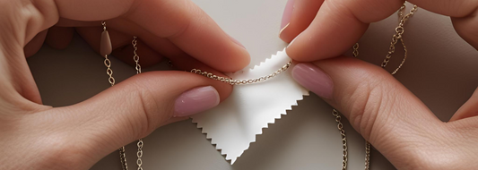 Close up image of female hands cleaning a silver necklace with a white polish cloth