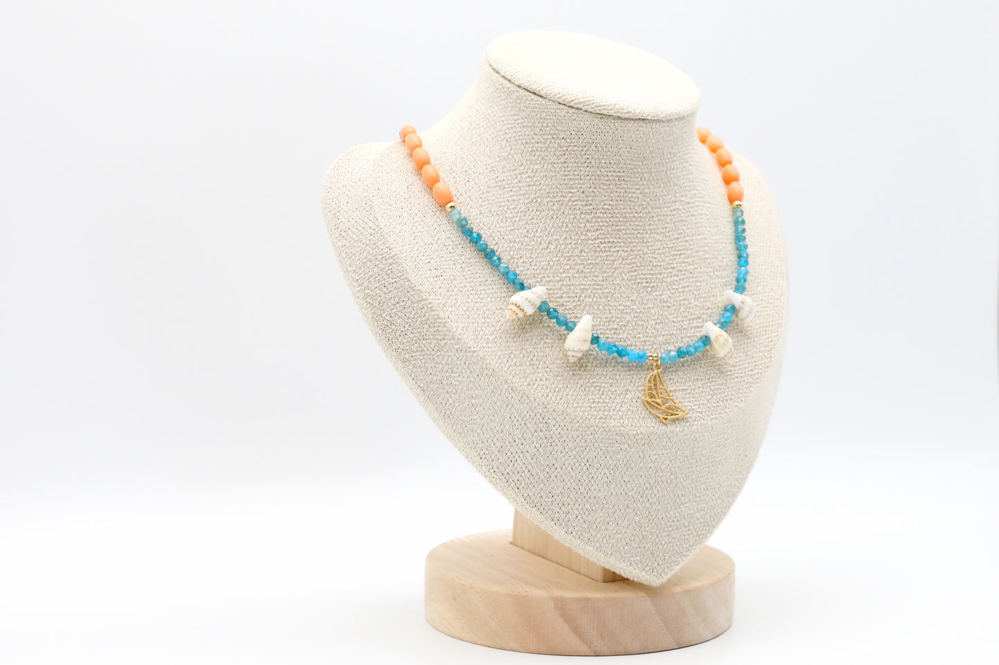 Blue Apatite, Salmon Bamboo and Seashell Necklace with a Gold Filled Boat Pendant