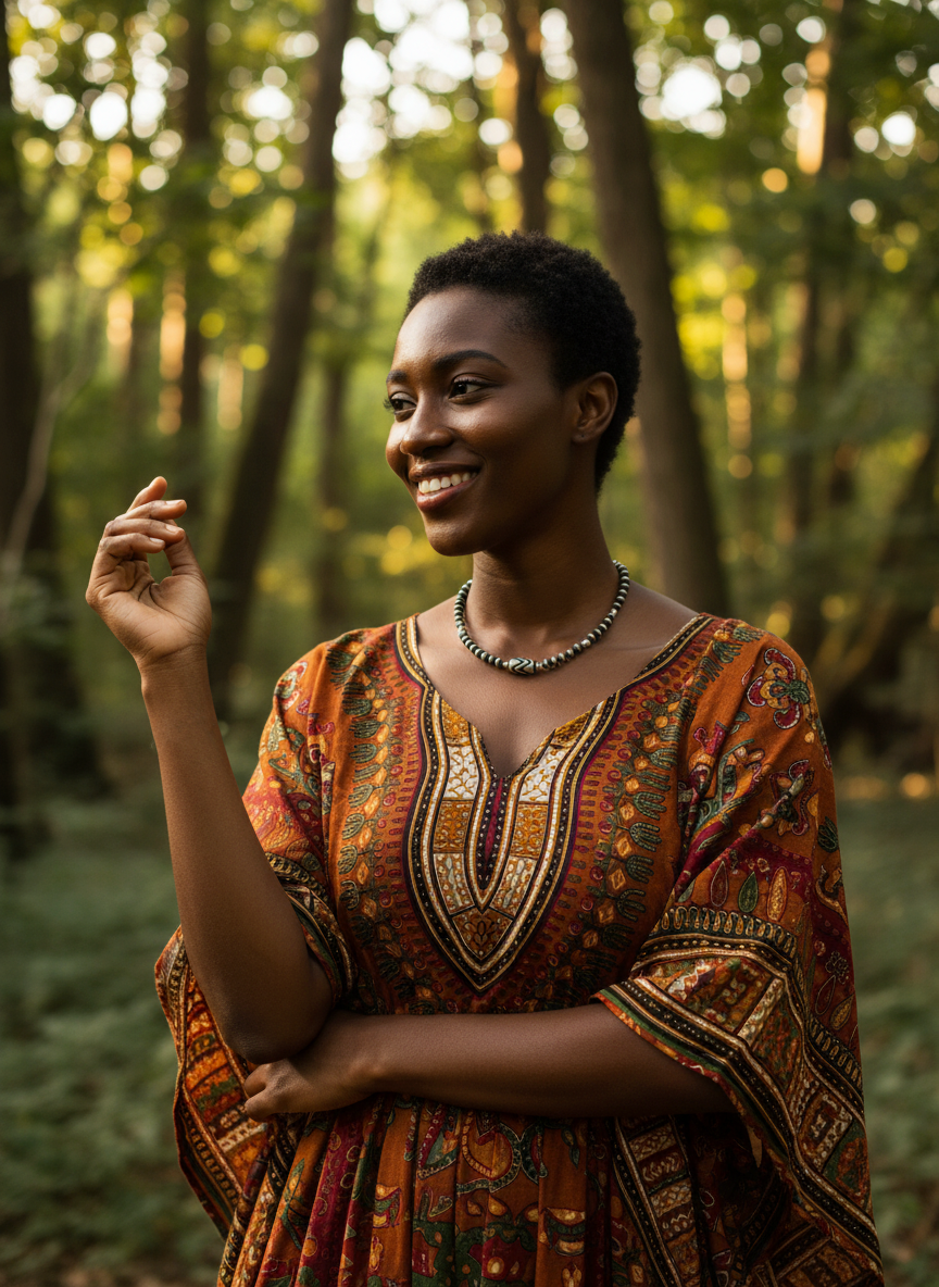 A model wearing The Ancient Wisdom Necklace by Gaia's Heirlooms, made with black and white Tibetan Agates and Sterling Silver.
