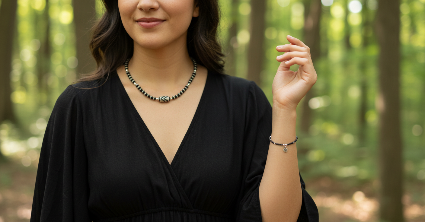 A model wearing The Radiant Guardian Bracelet by Gaia's Heirlooms, made with tiny Black Spinel beads and Sterling Silver.