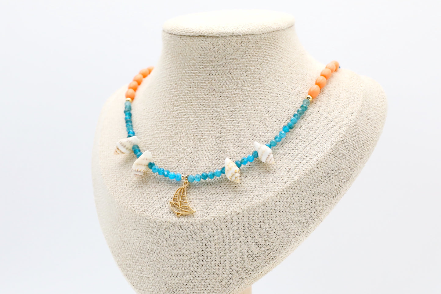 Blue Apatite, Salmon Bamboo and Seashell Necklace with a Gold Filled Boat Pendant