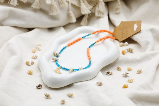 Blue Apatite, Salmon Bamboo and Seashell Necklace with a Gold Filled Boat Pendant