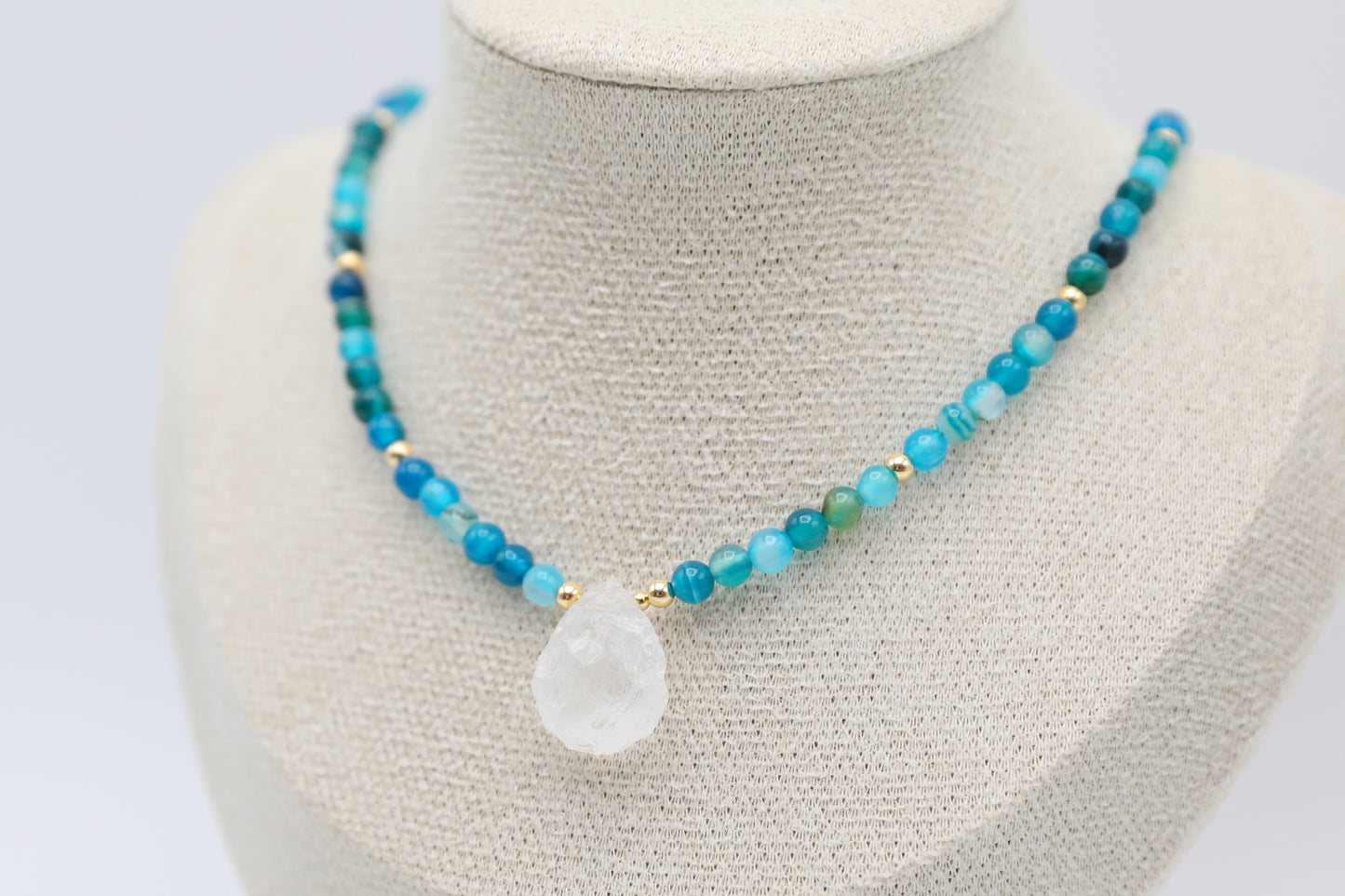 Blue Striped Agate and Clear Quartz Necklace