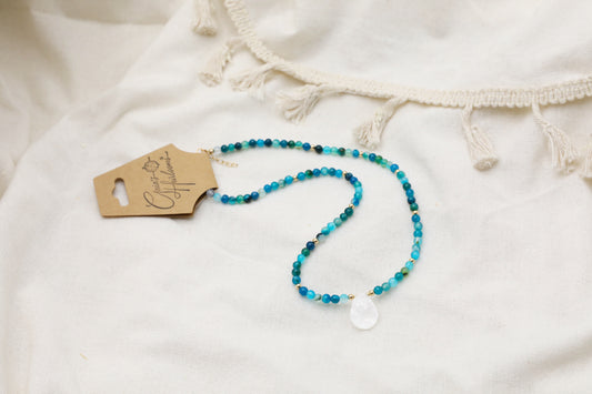 Blue Striped Agate and Clear Quartz Necklace
