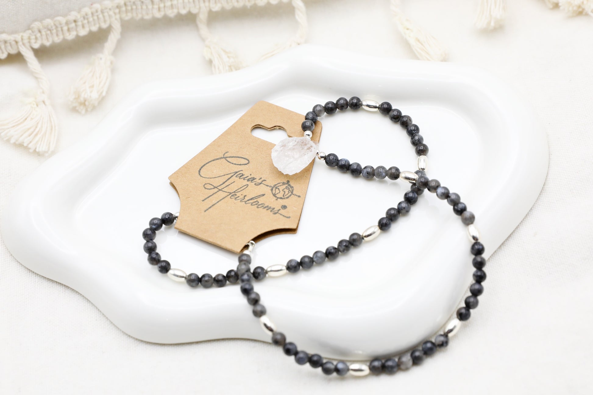 Deep Grey Labradorite and Clear Quartz Necklace in 925 Sterling Silver.