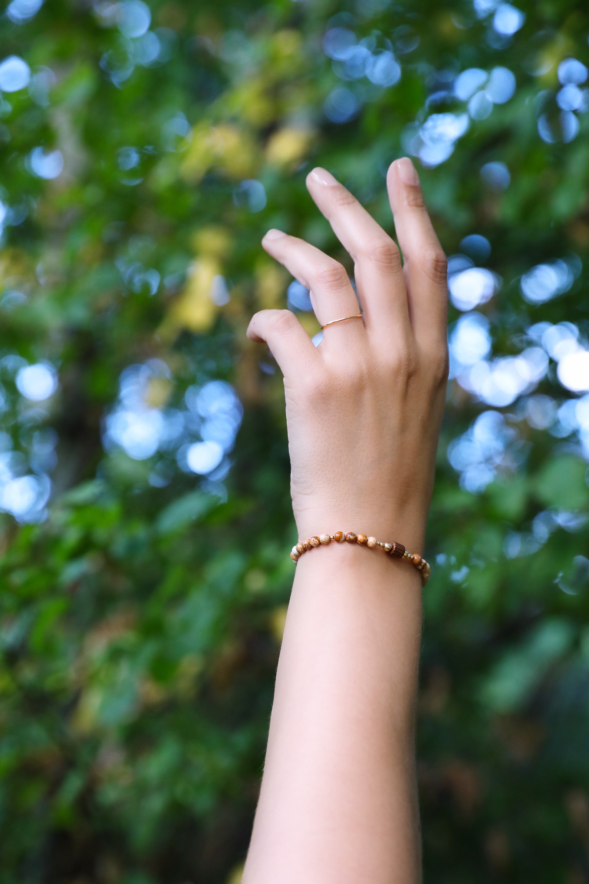 The Earth's Story Bracelet by Gaia's Heirlooms, made with Picture Jasper beads, a natural wood bead in the middle and Gold Filled details.