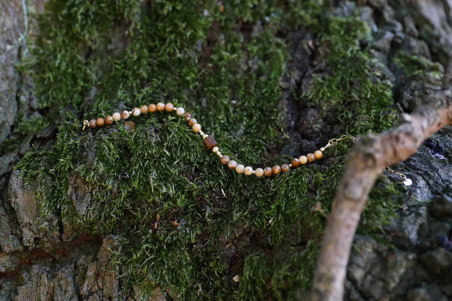 The Earth's Story Bracelet by Gaia's Heirlooms, made with Picture Jasper beads, a natural wood bead in the middle and Gold Filled details.