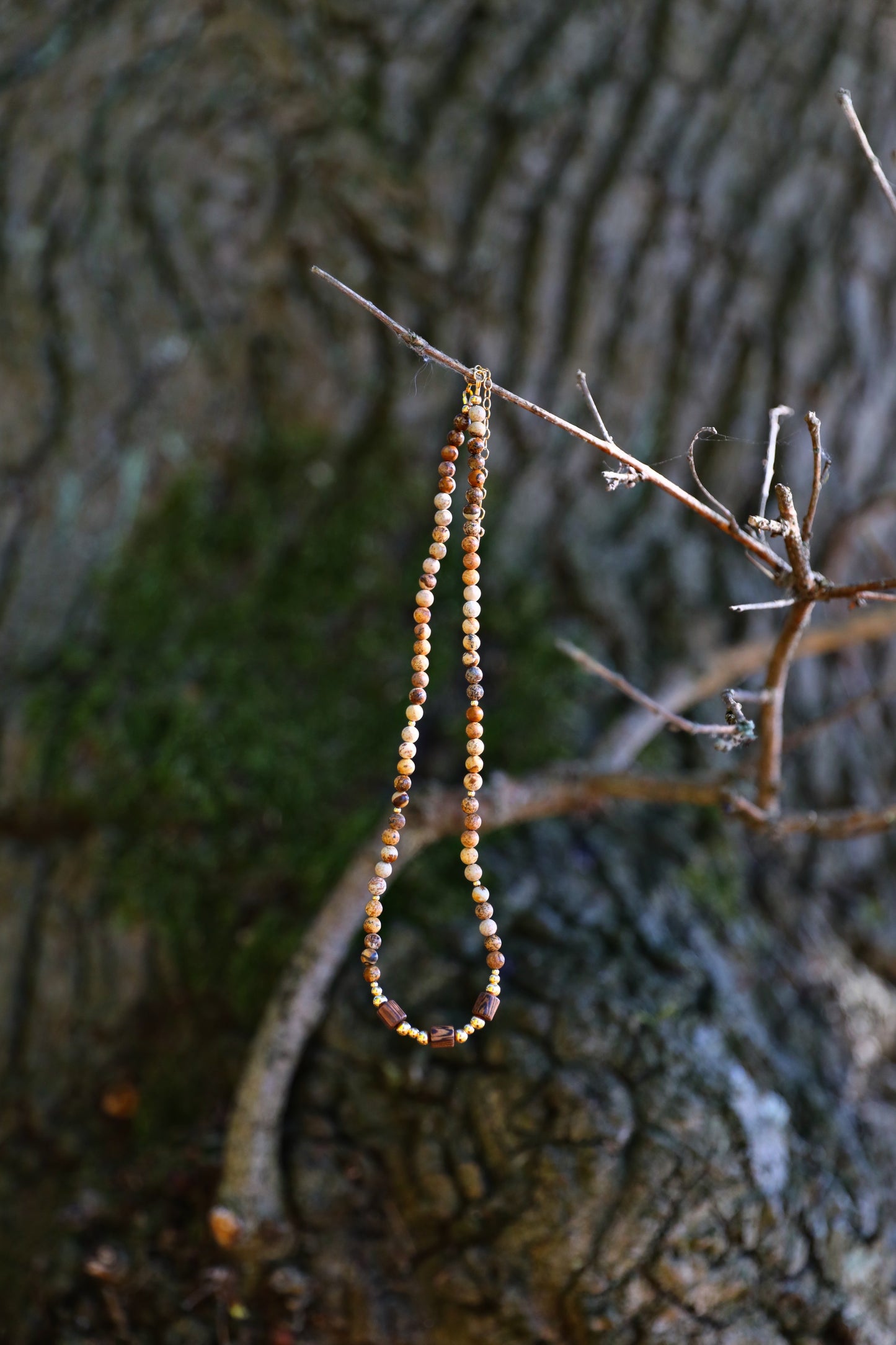 The Earth's Story Necklace by Gaia's Heirlooms, made with Picture Jasper beads, natural wood and Gold Filled details.