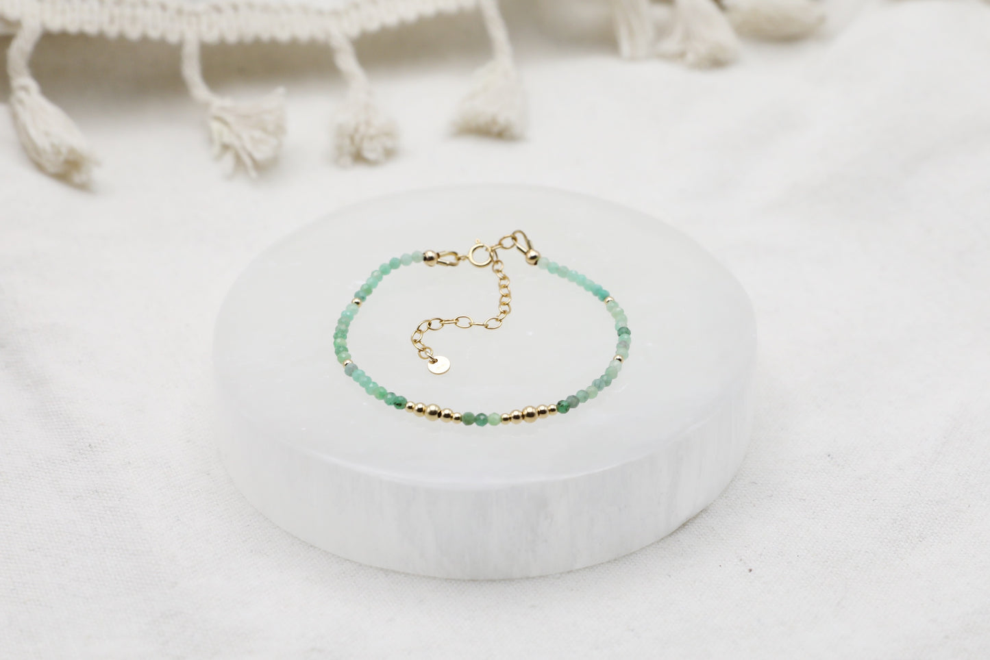 Dainty Emerald bracelet with Gold Filled details.