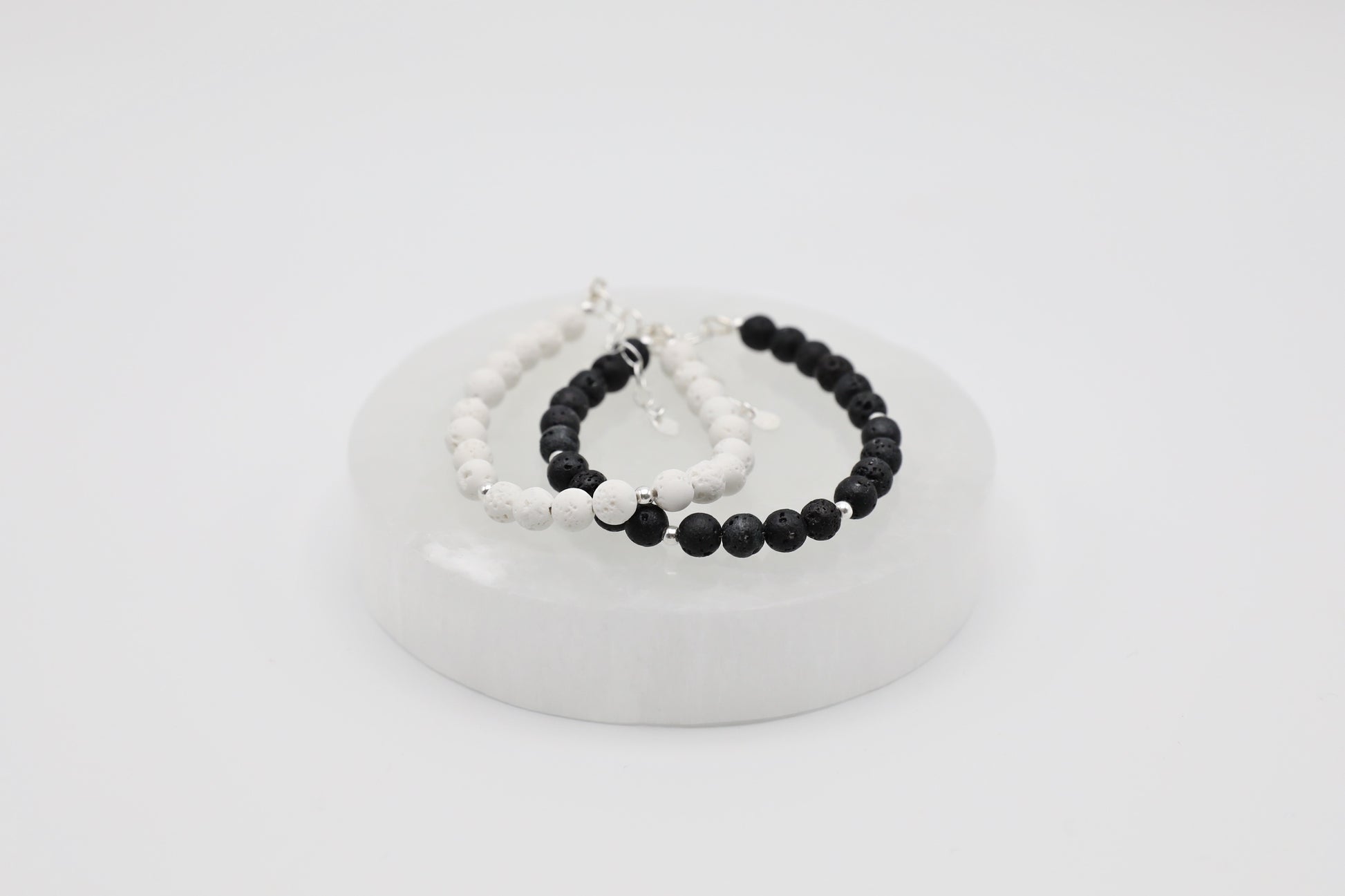 White and Black Lava Stone Bracelets in Sterling Silver