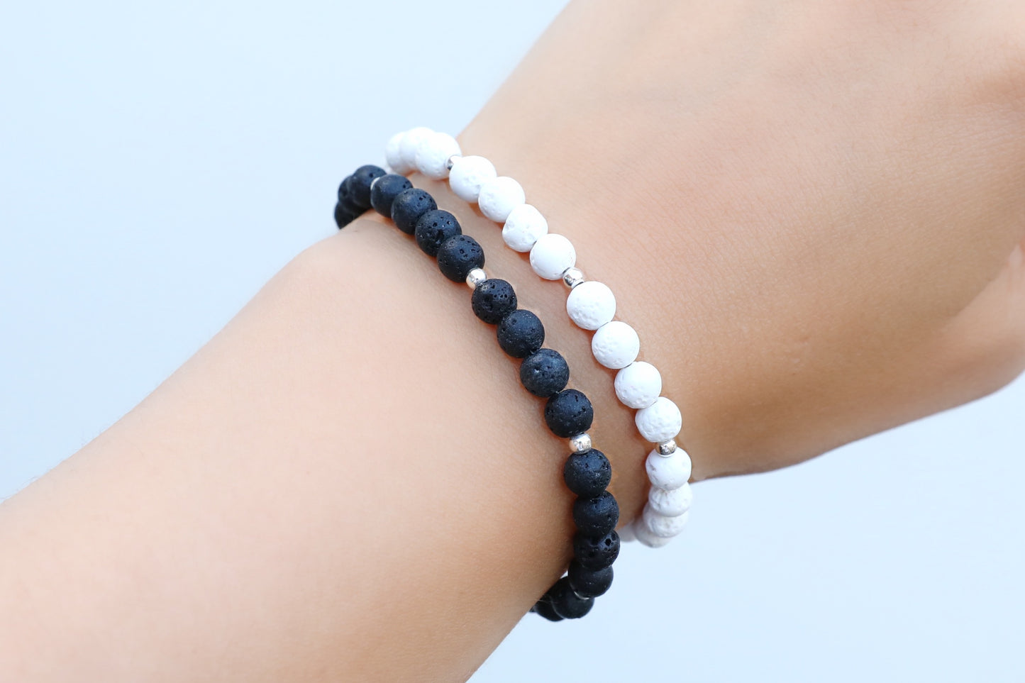 White and Black Lava Stone Bracelets in Sterling Silver