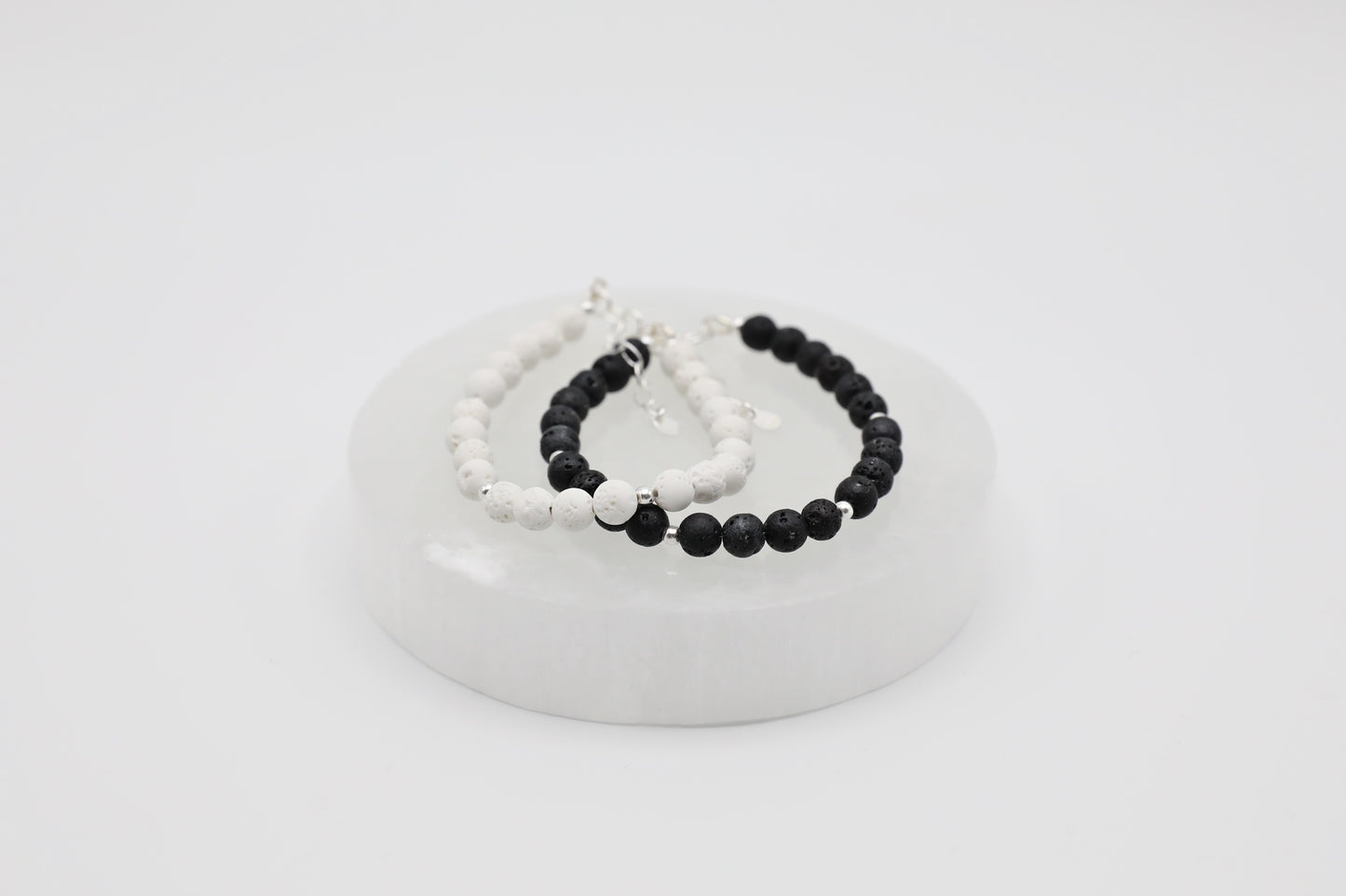 White and Black Lava Stone Bracelets in Sterling Silver