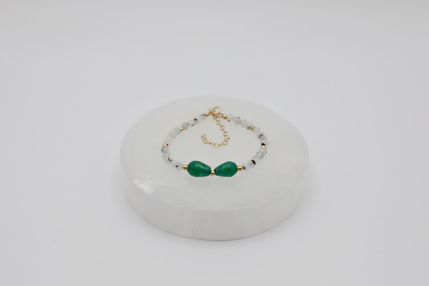 Moonstone, black tourmaline and green jade bracelet with gold filled accents.