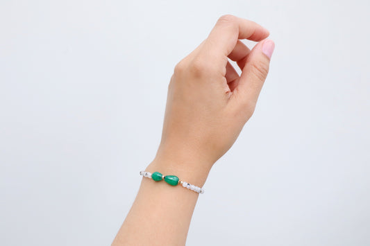 Moonstone, black tourmaline and green jade bracelet with gold filled accents.