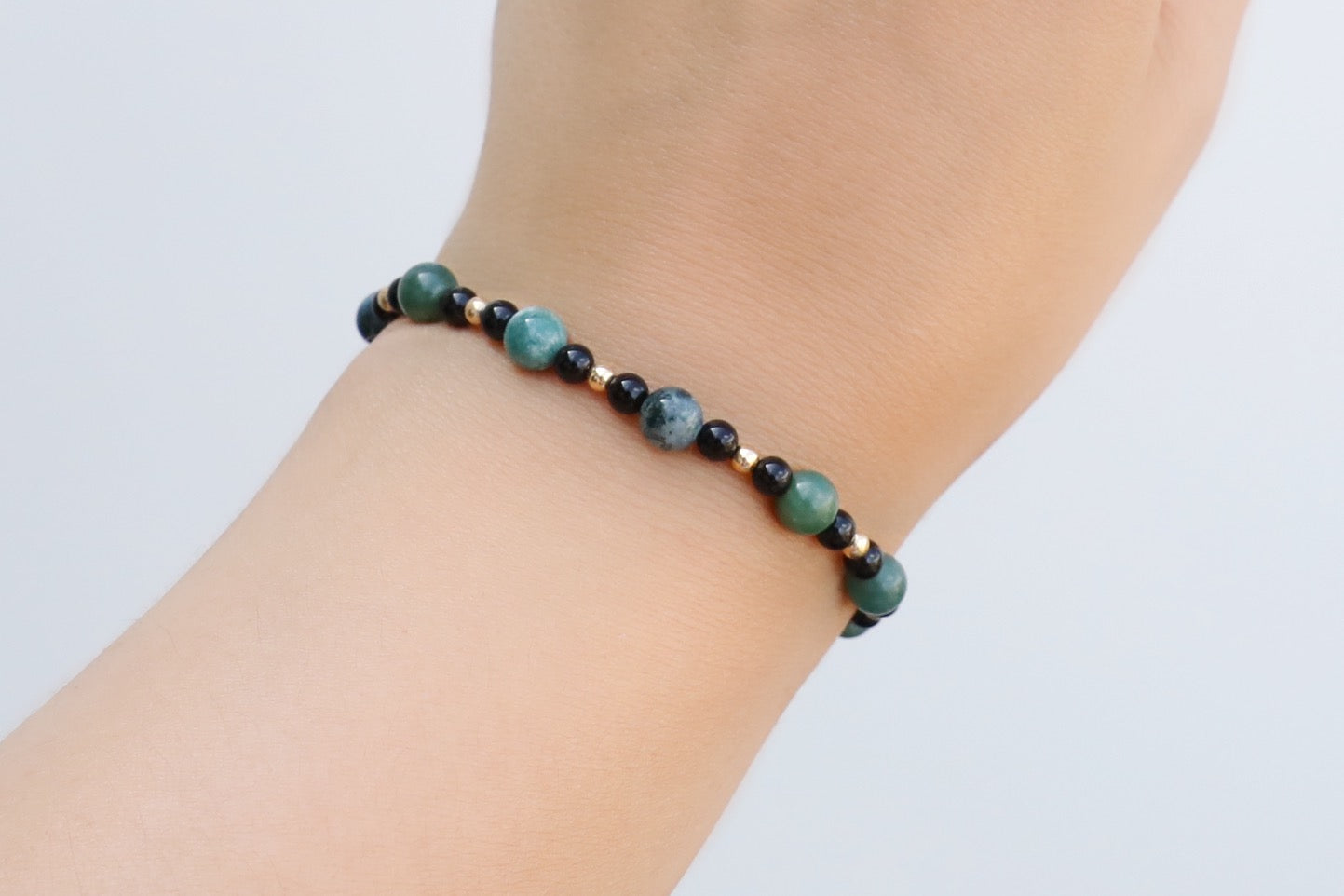 Moss Agate and Onyx Bracelet in Gold Filled