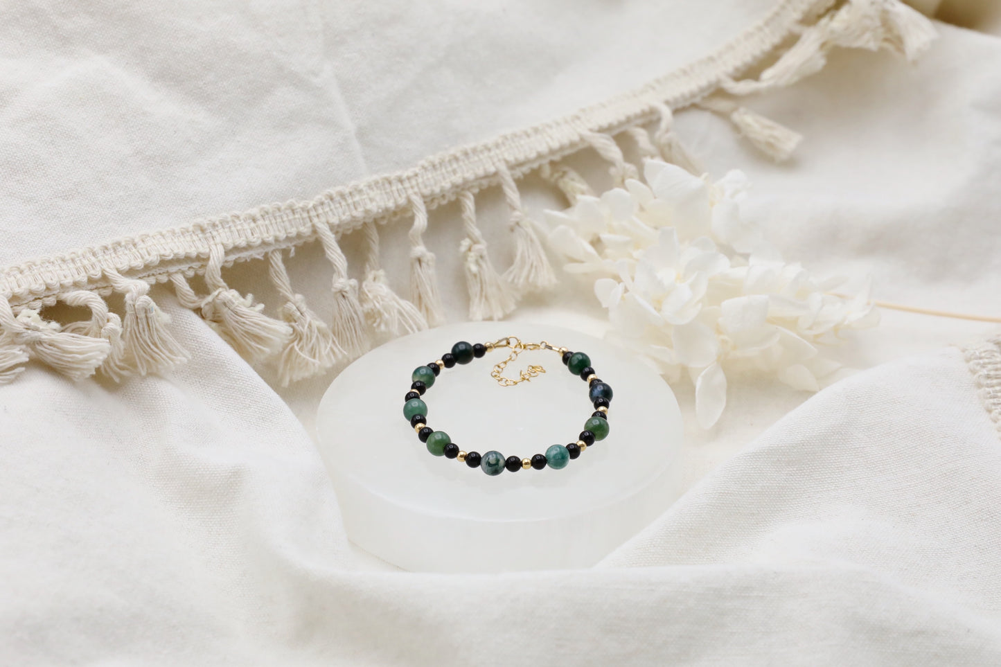 Moss Agate and Onyx Bracelet in Gold Filled