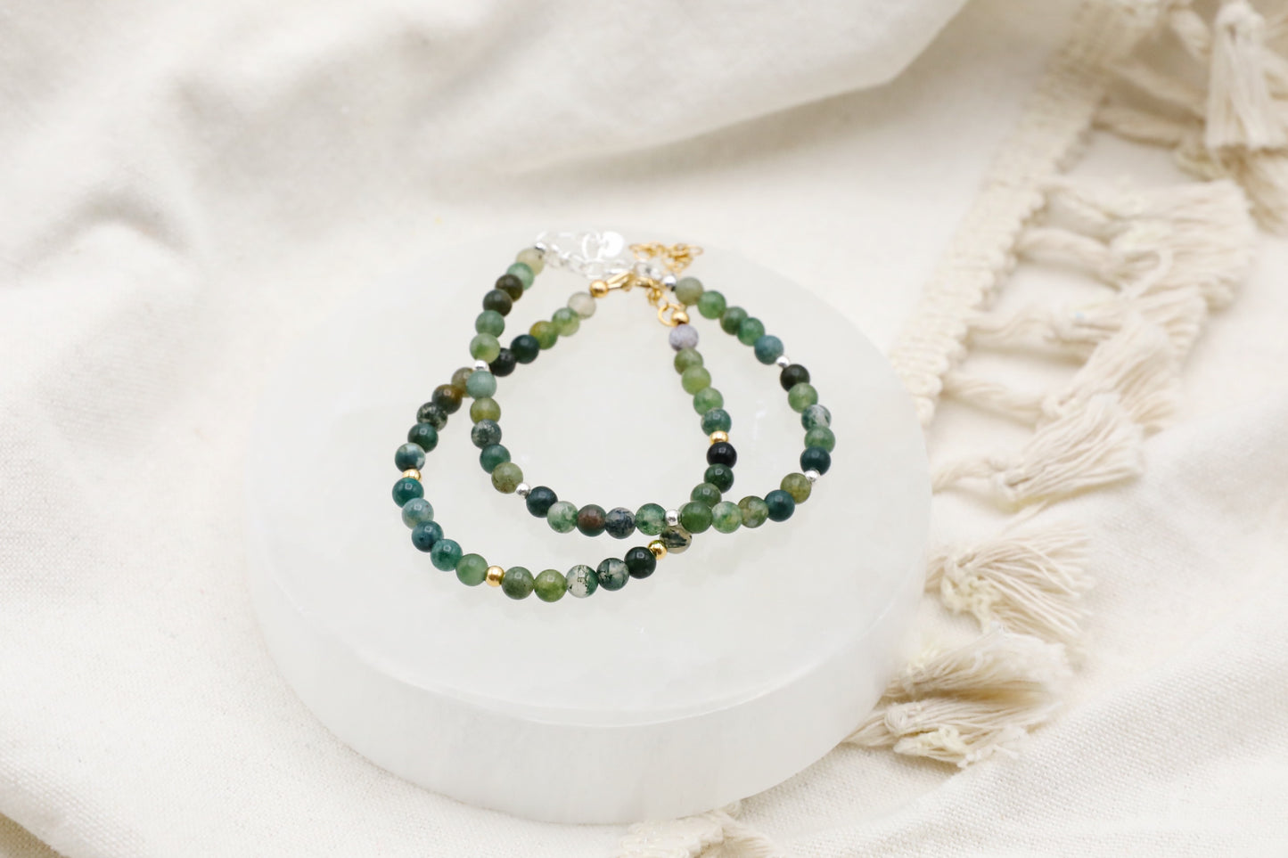 Moss Agate Bracelets, one with Sterling Silver accents and another with Gold Filled.