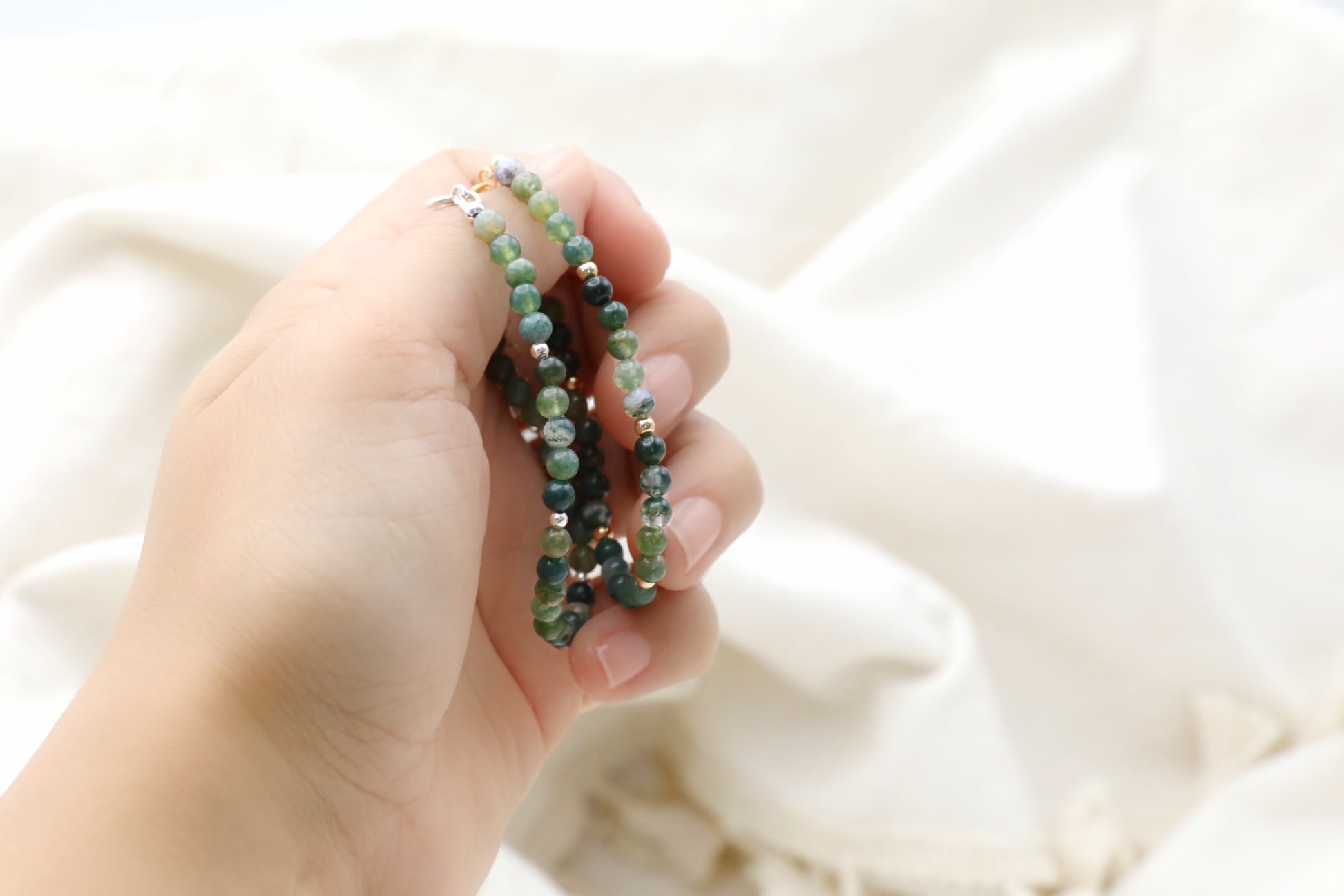 Moss Agate Bracelets, one with Sterling Silver accents and another with Gold Filled.