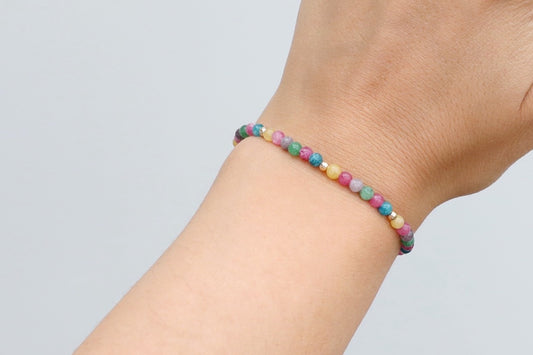 Bracelet handmade with 4mm colourful Tourmaline round beads and Gold Filled details.