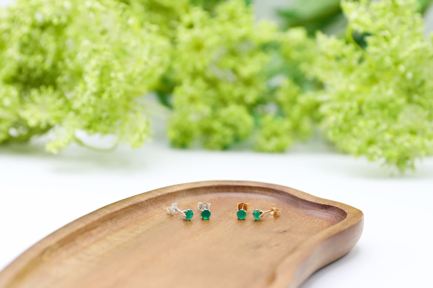 2 pairs of 4mm Green Onyx studs in Sterling Silver and Gold Filled.
