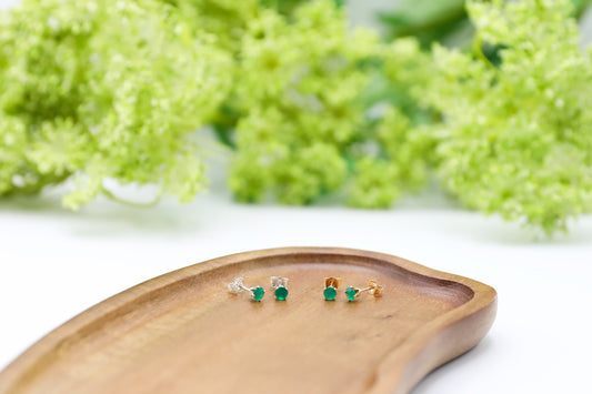 2 pairs of 4mm Green Onyx studs in Sterling Silver and Gold Filled.