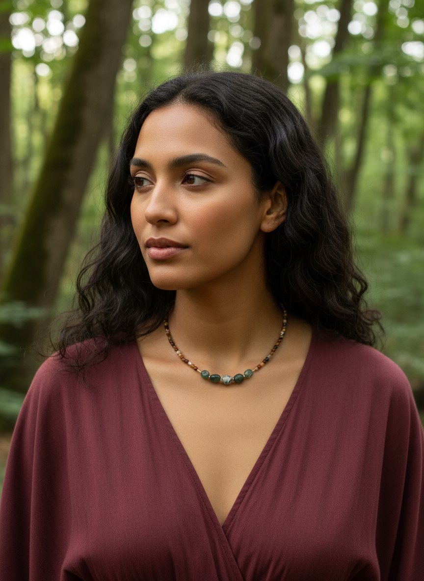 A model wearing The Resilient Heart Necklace by Gaia's Heirlooms, made with Mookaite beads, Moss Agates and Gold Filled details.