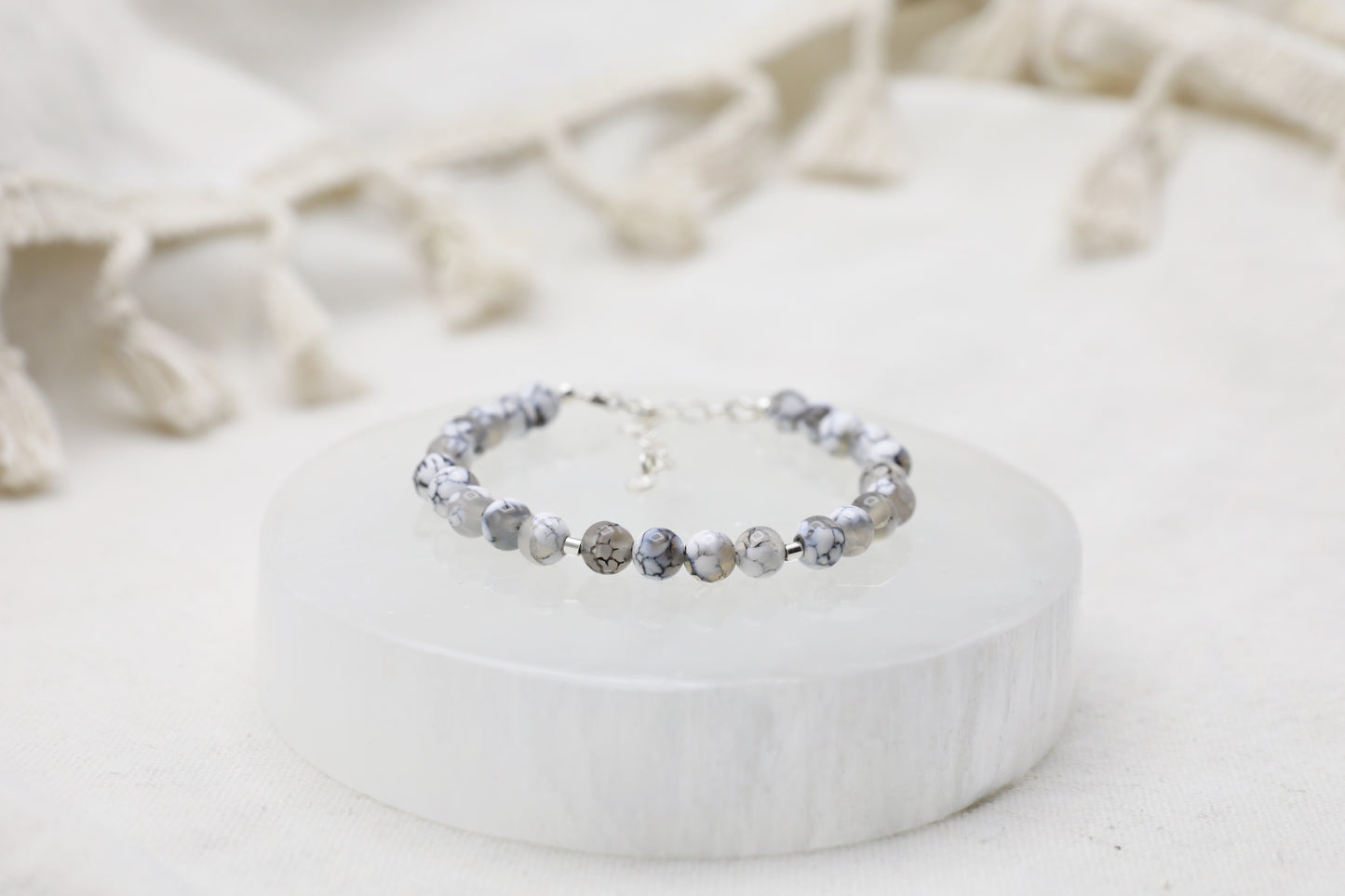 Grey Fire Agate Bracelet in Sterling Silver