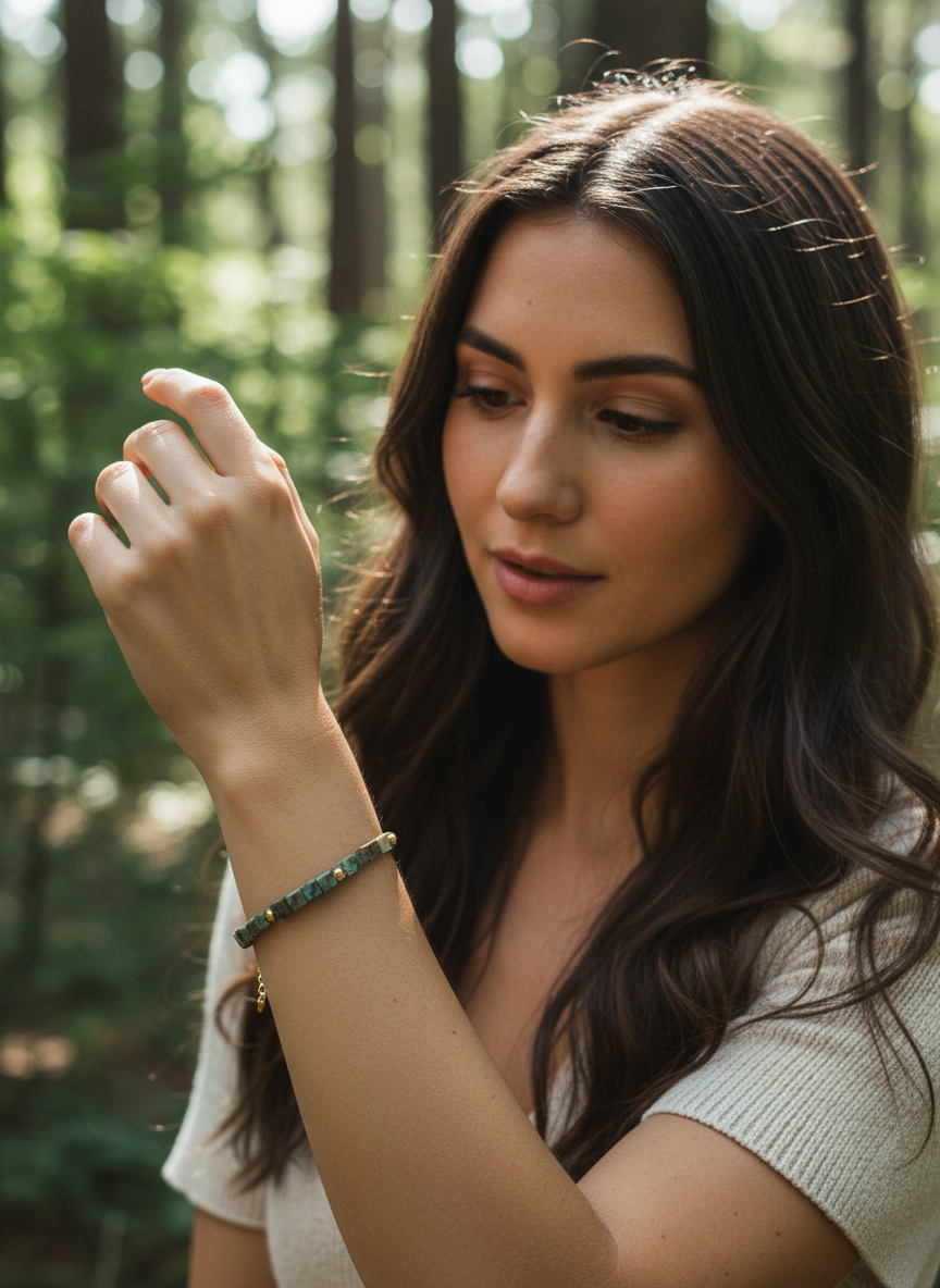 A model wearing The Voyager's Bracelet by Gaia's Heirlooms, made with square African Turquoise beads and Gold Filled details.