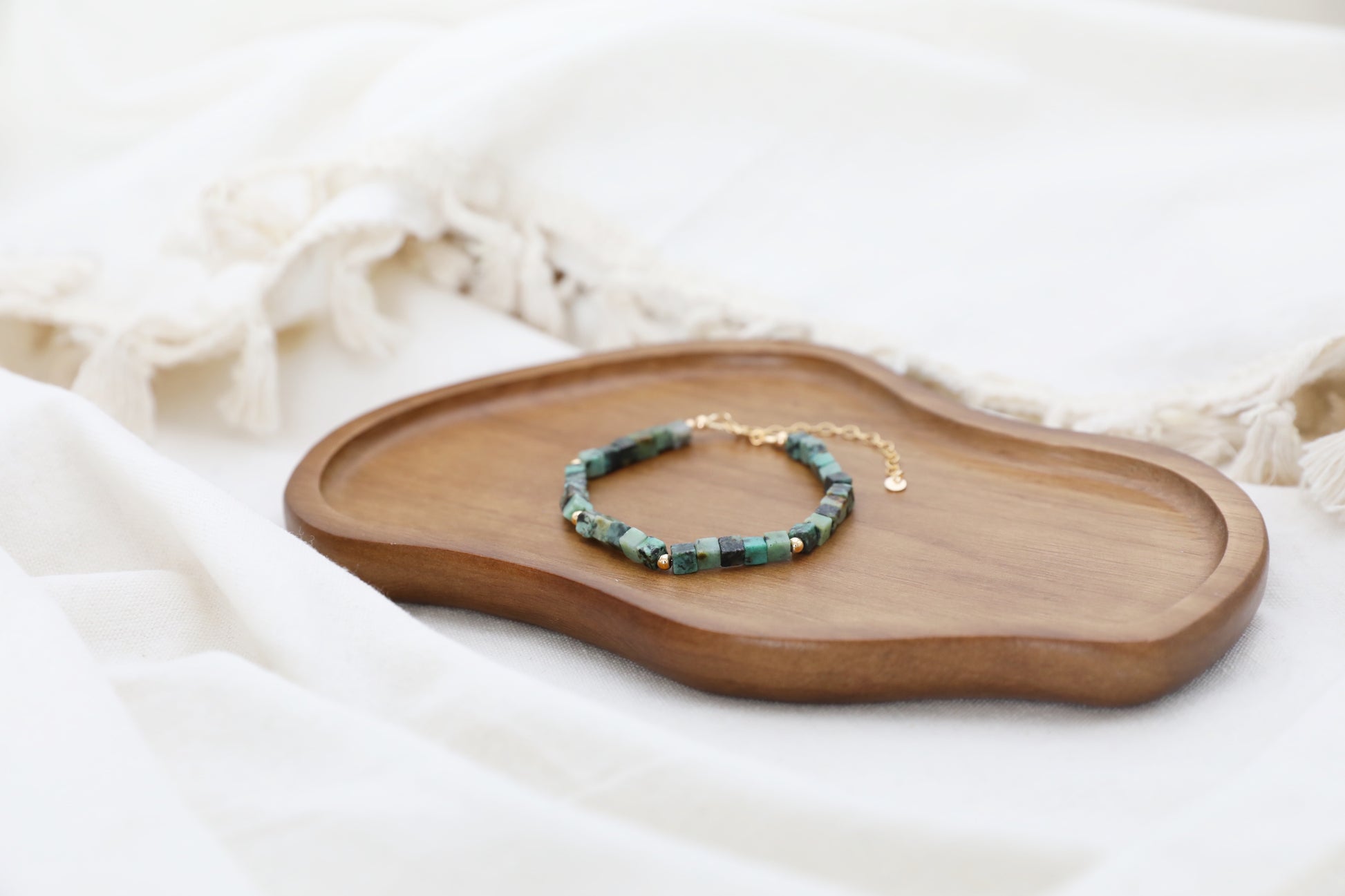 The Voyager's Bracelet by Gaia's Heirlooms, made with square African Turquoise beads and Gold Filled details.